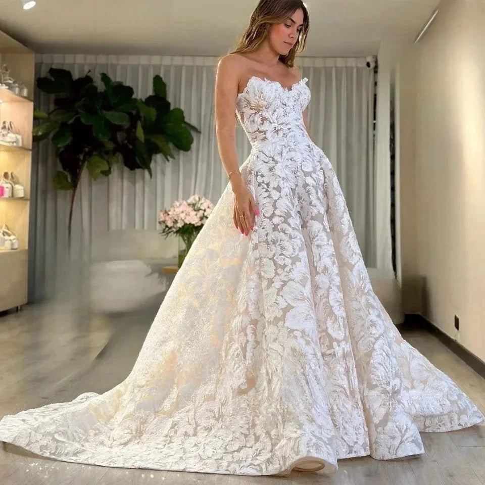 Boho Lace Wedding Gowns Sparkly Champagne Bridal Dresses