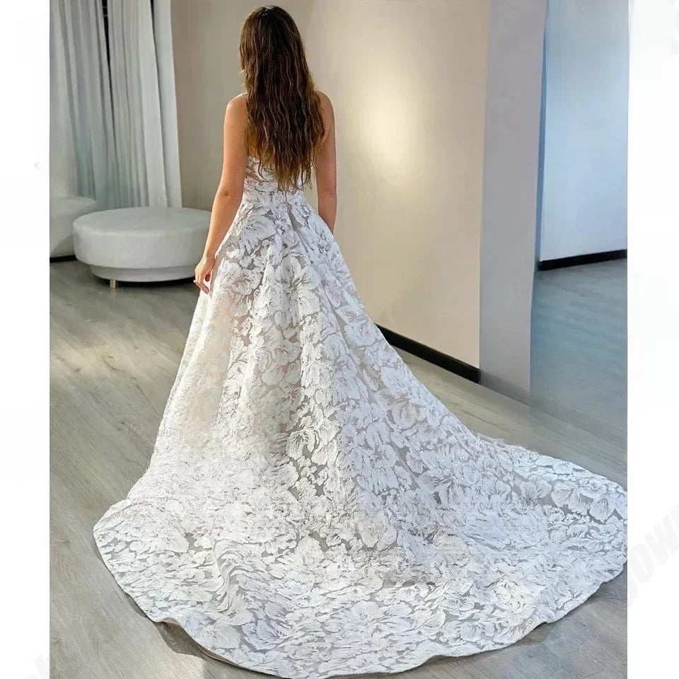 Boho Lace Wedding Gowns Sparkly Champagne Bridal Dresses
