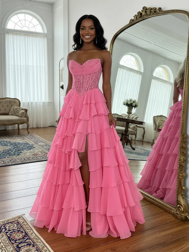 Strapless Sweetheart Neck Chiffon Tiered Prom Dresses with Slit – LAKSHMIGOWN