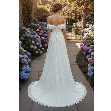 A-Line Country Garden Chiffon Wedding Dress with Sleeveless Ruching Off-the-shoulder