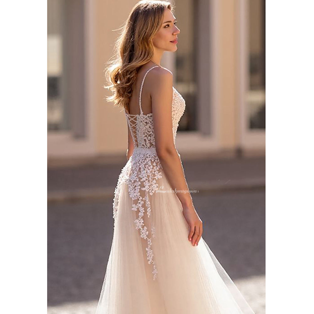 Spaghetti Straps Wedding Dresses A Line Deep V Neck Bridal Growns Applique Lace Zipper Back Illusion