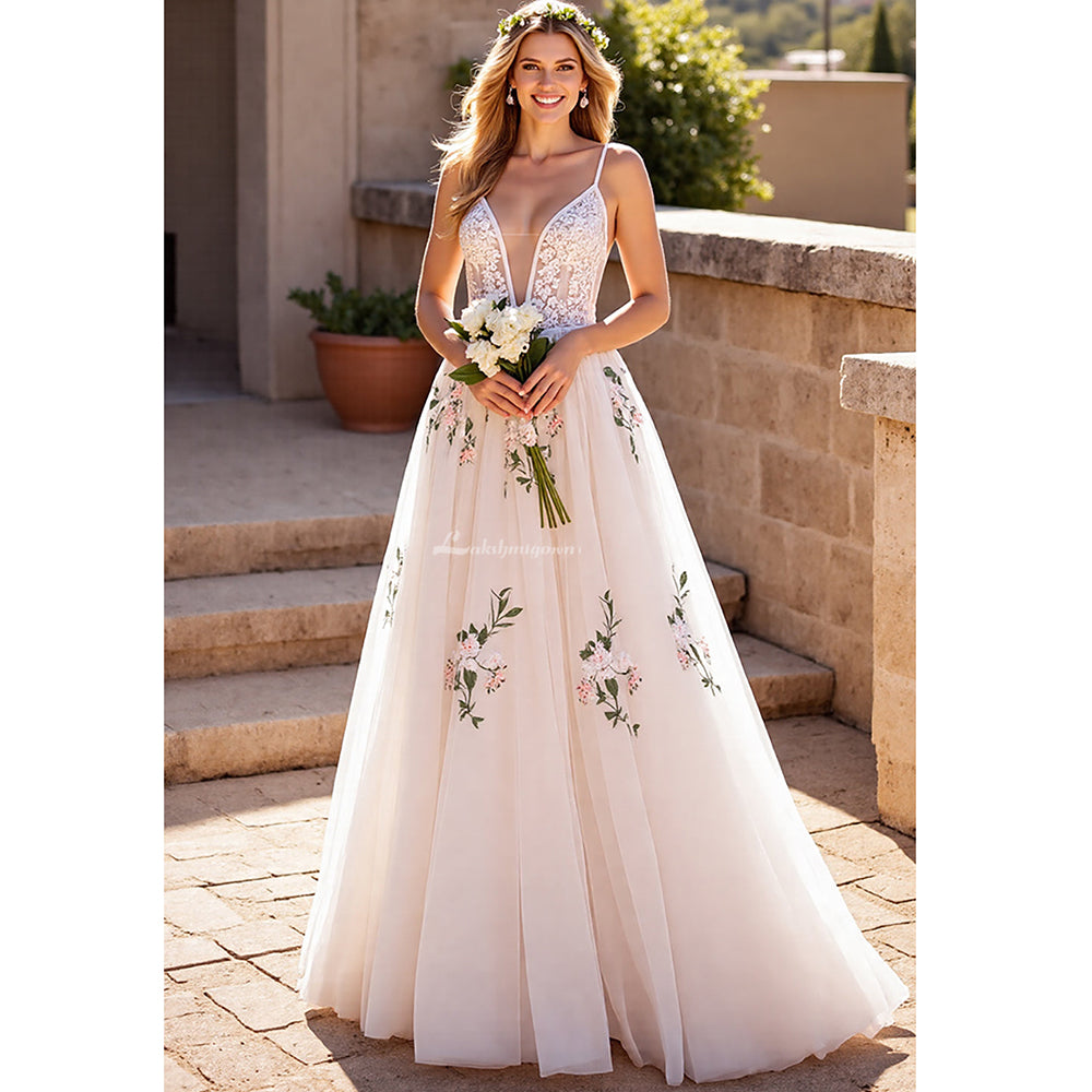 Floral Print V-Neck Wedding Dress Spaghetti Strap Floor-Length Appliques Lace Country Bridal Gowns