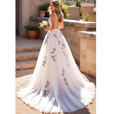 Abito da sposa con stampa floreale con scollo a V, cinturino per spaghetti, applicazioni al pavimento, in pizzo, abiti da sposa country