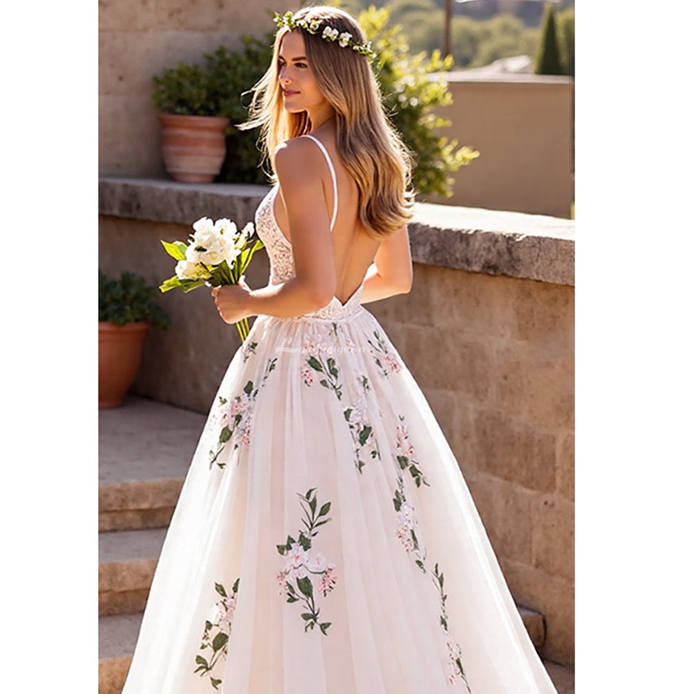 Floral Print V-Neck Wedding Dress Spaghetti Strap Floor-Length Appliques Lace Country Bridal Gowns