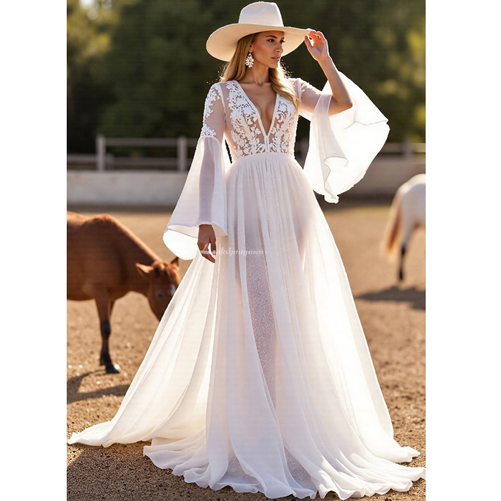 V-Neck A-Line Wedding Dresses Long Puff Sleeves Lace Appliques Bridal Gowns