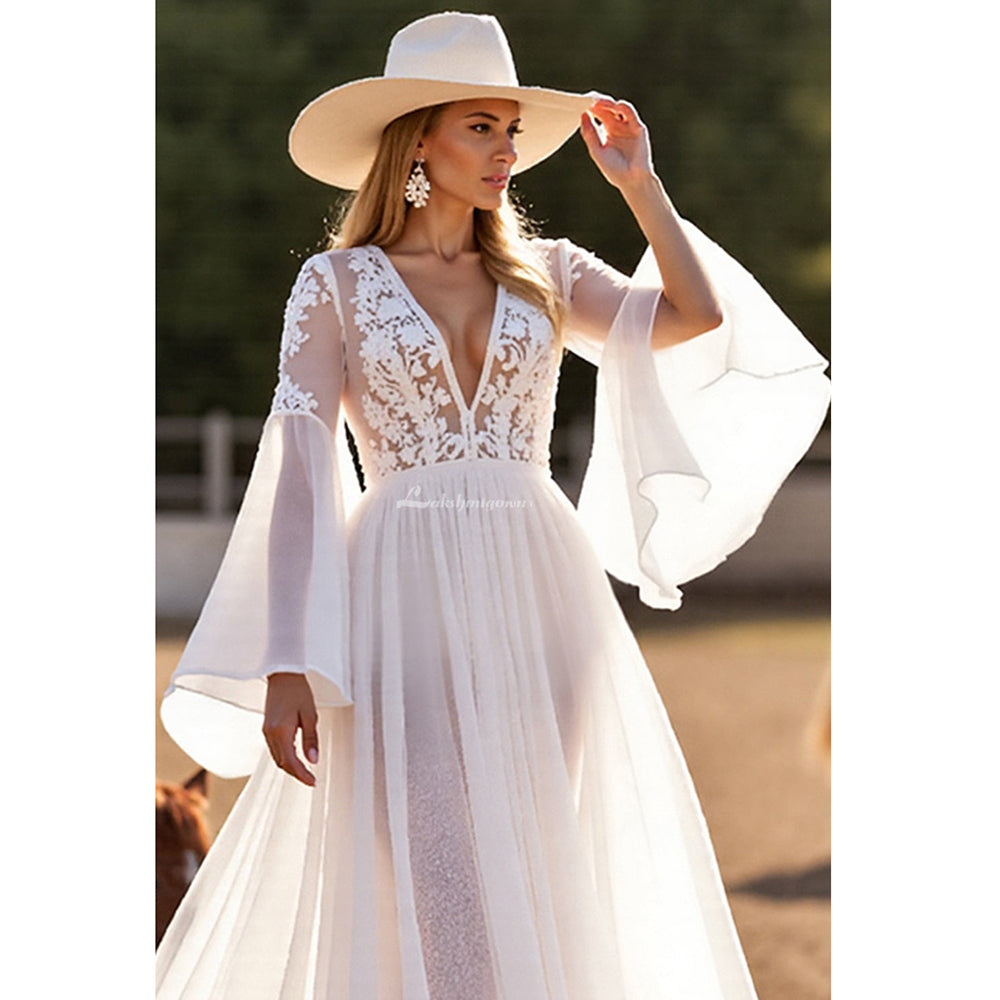 V-Neck A-Line Wedding Dresses Long Puff Sleeves Lace Appliques Bridal Gowns