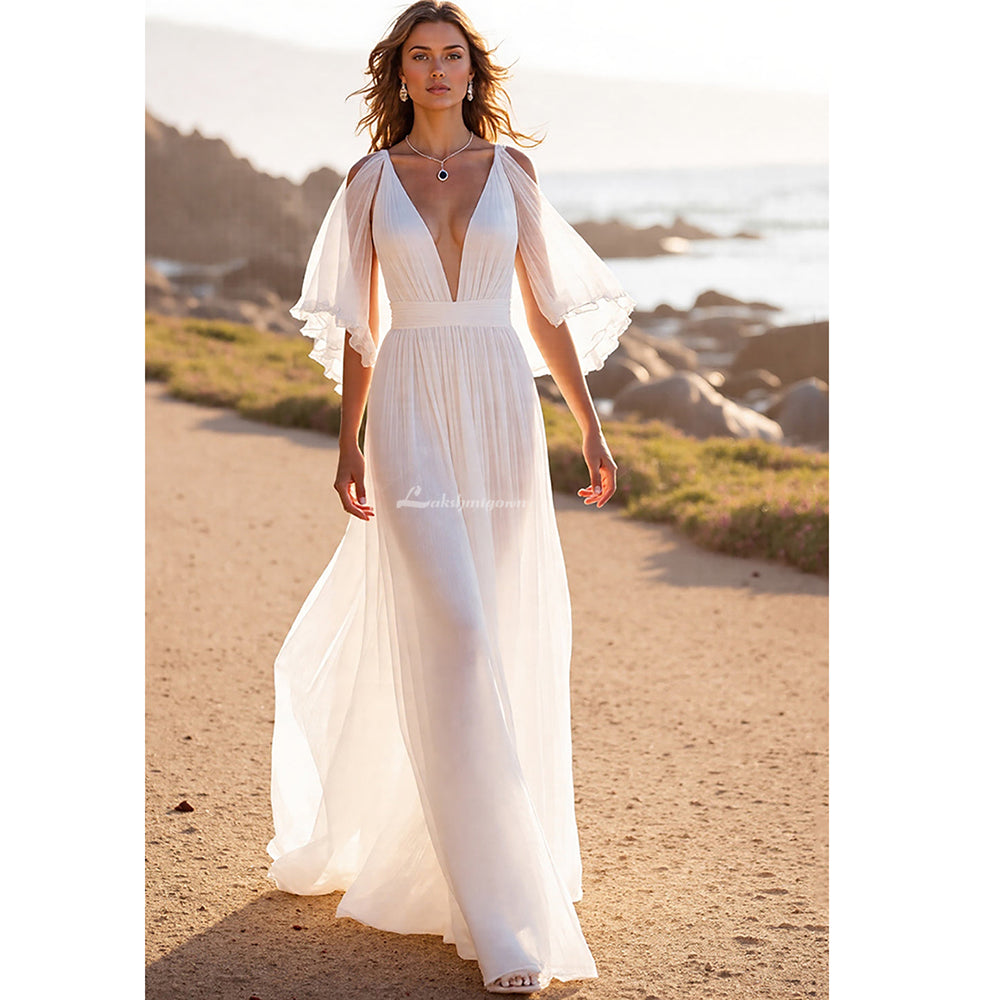boho chic beach wedding dresses Ivory Bohemian Beach Chiffon Half Sleeves Wedding Dresses – LAKSHMIGOWN