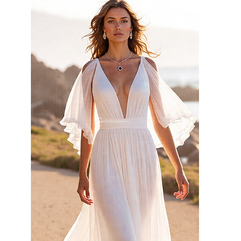 Ivory Bohemian Beach Chiffon Half Sleeves Wedding Dresses