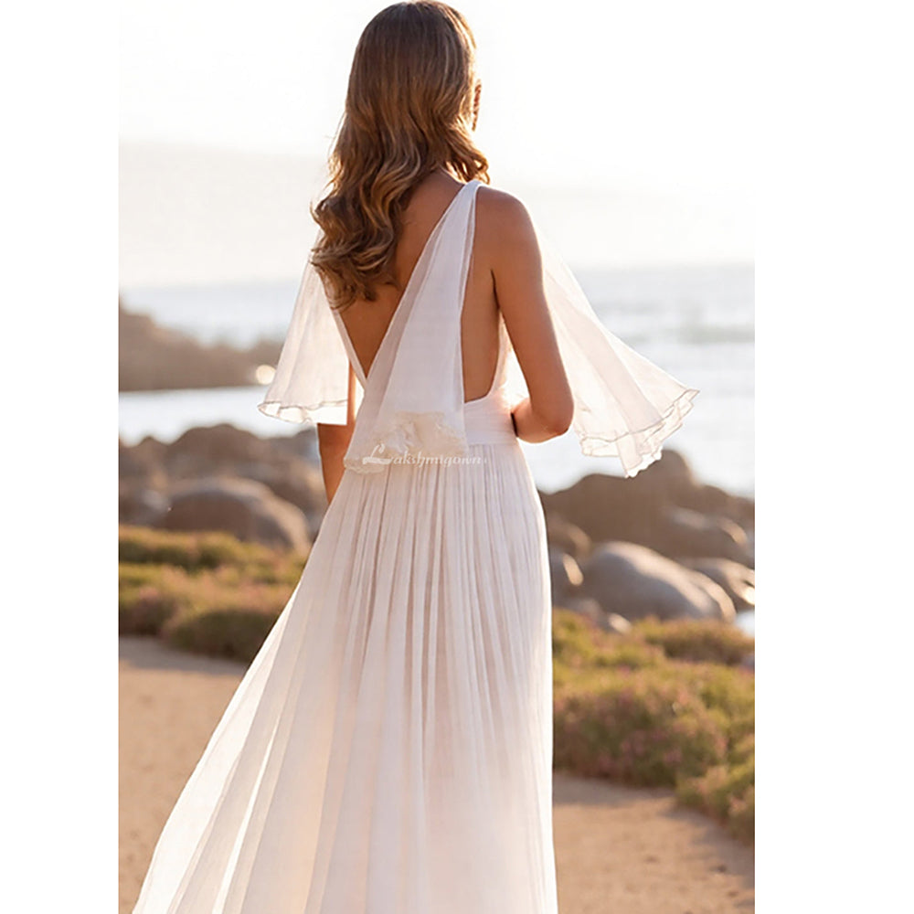 Ivory Bohemian Beach Chiffon Half Sleeves Wedding Dresses