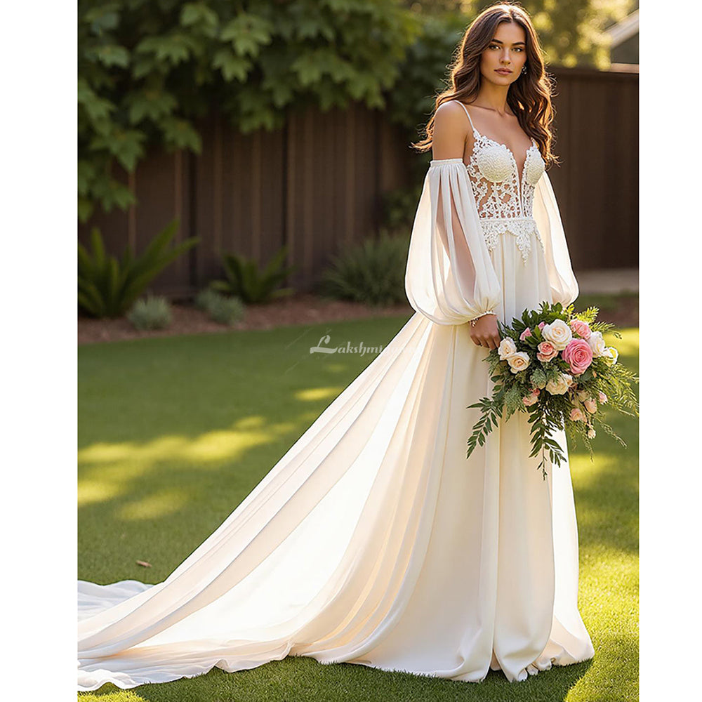 Ivory Spaghetti Straps Simple Chiffon A Line Wedding Dress