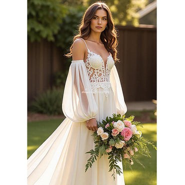 Robe de mariée trapèze simple en mousseline de soie à bretelles spaghetti ivoire