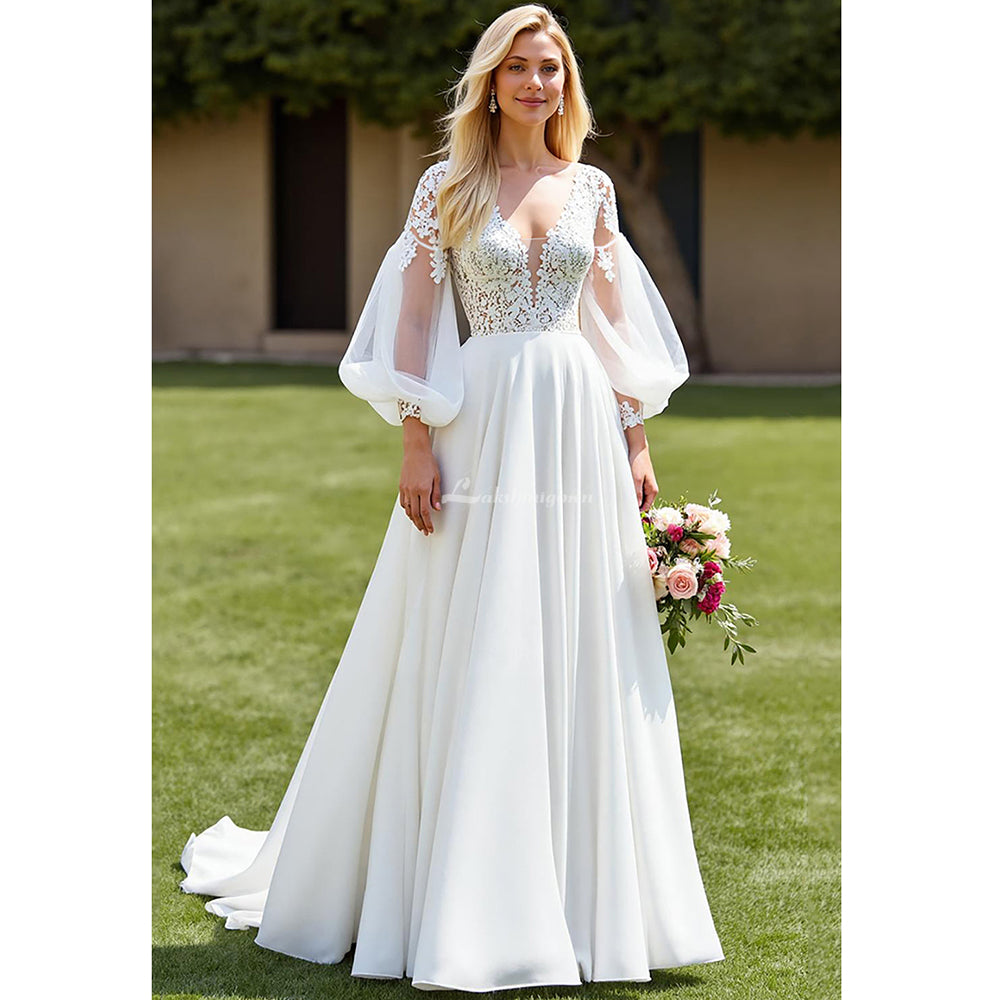 Ivory Chiffon A Line Court Train Wedding Dress with Lace Appliques