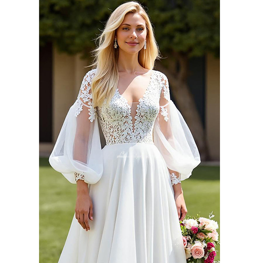 Ivory Chiffon A Line Court Train Wedding Dress with Lace Appliques