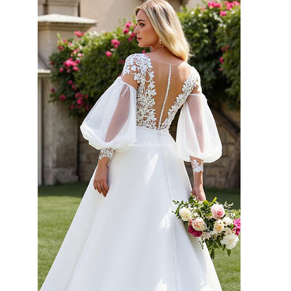 Ivory Chiffon A Line Court Train Wedding Dress with Lace Appliques