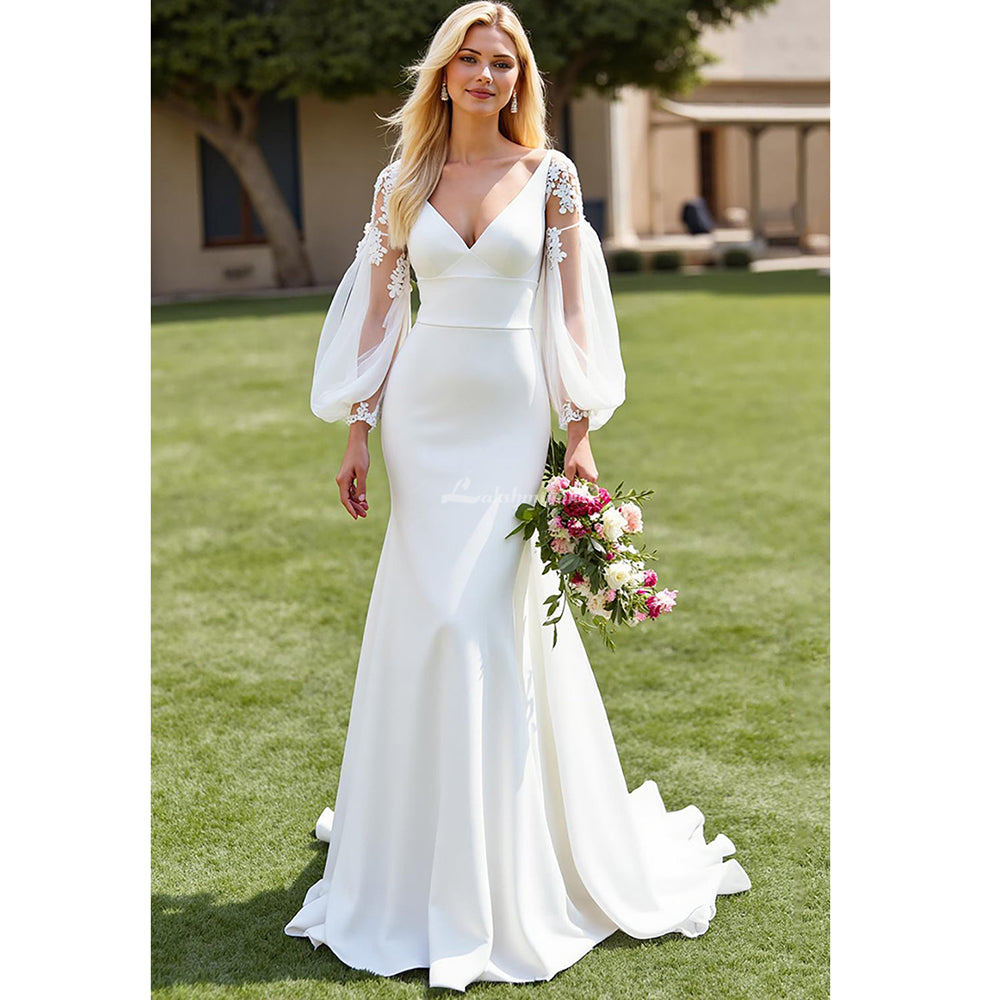 V-Neck Satin Mermaid Ivory Wedding Dress with Lace Appliques