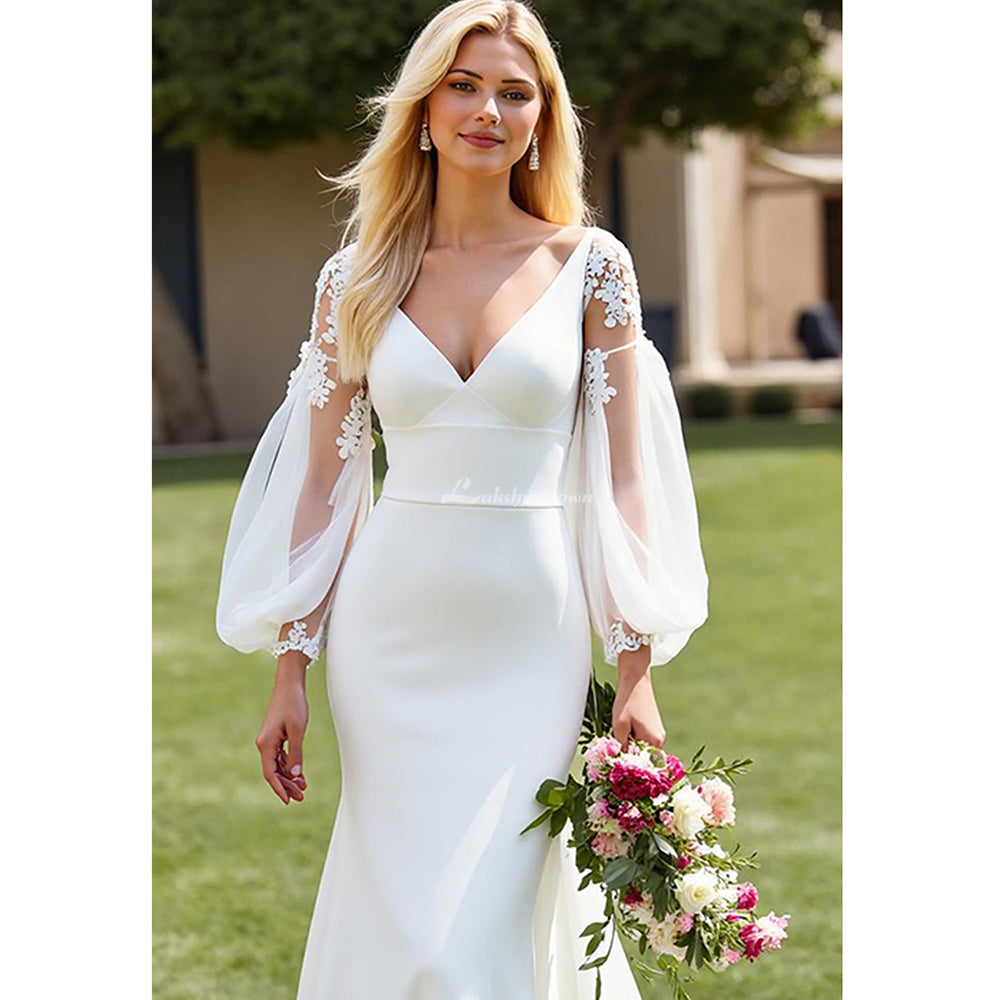 V-Neck Satin Mermaid Ivory Wedding Dress with Lace Appliques