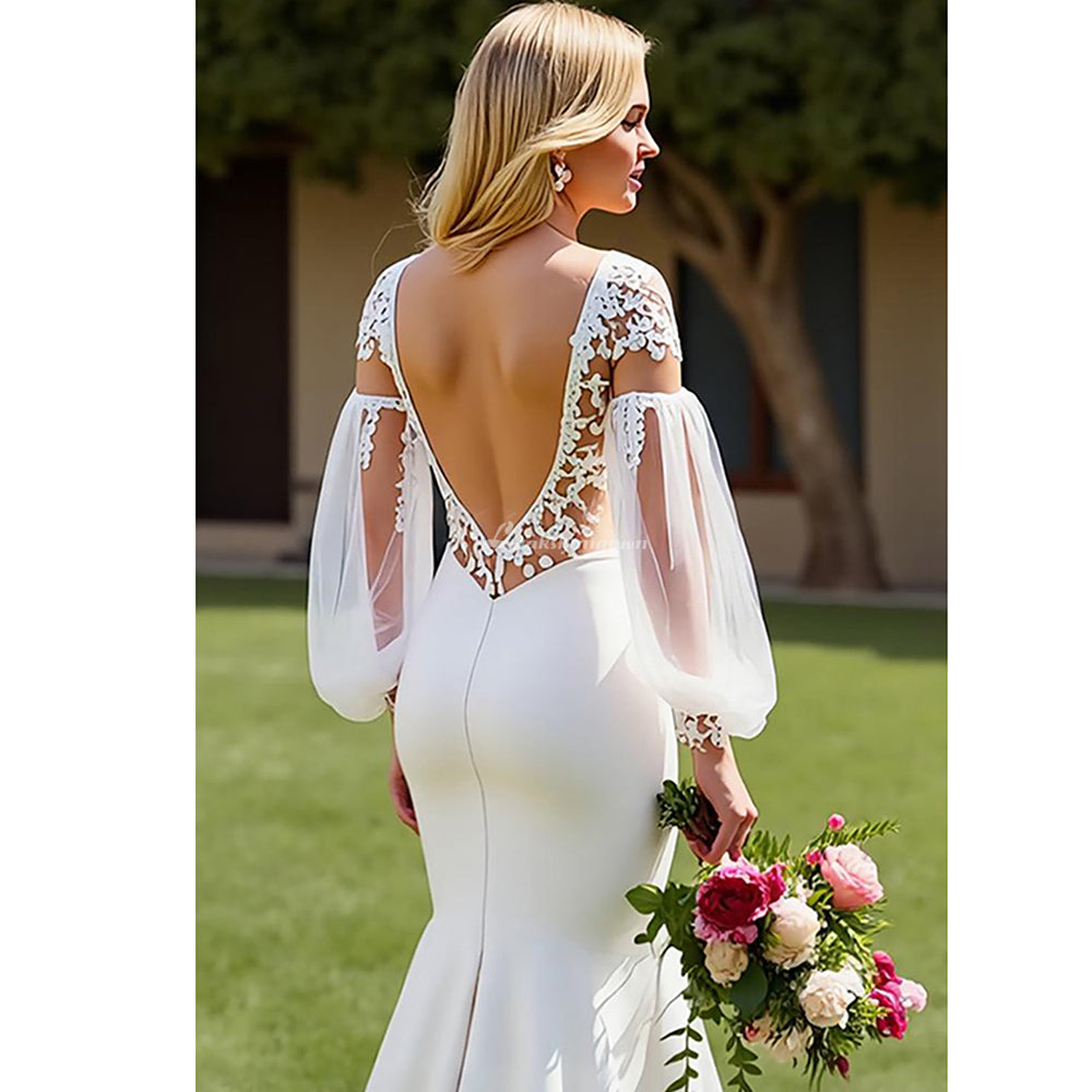 V-Neck Satin Mermaid Ivory Wedding Dress with Lace Appliques