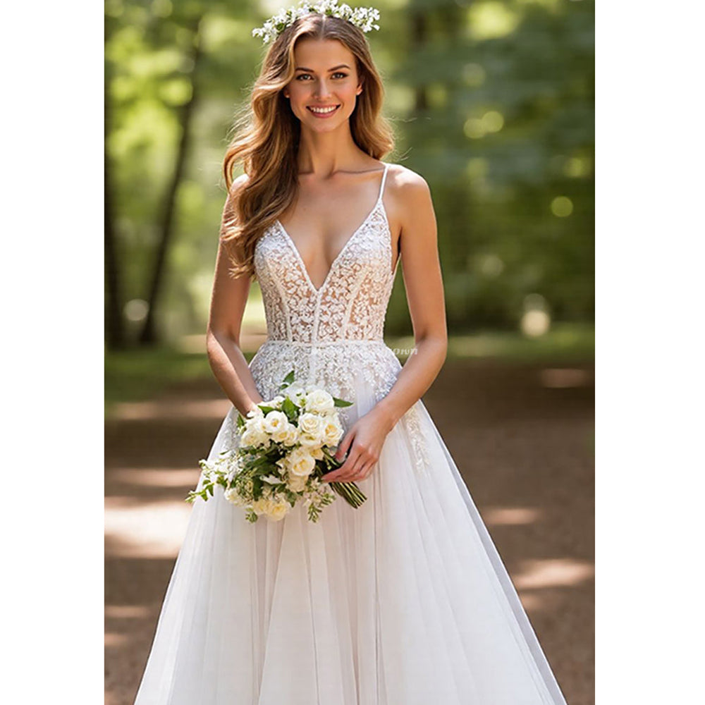 Ivory A Line V Neck Corset Tulle Long Wedding Dress