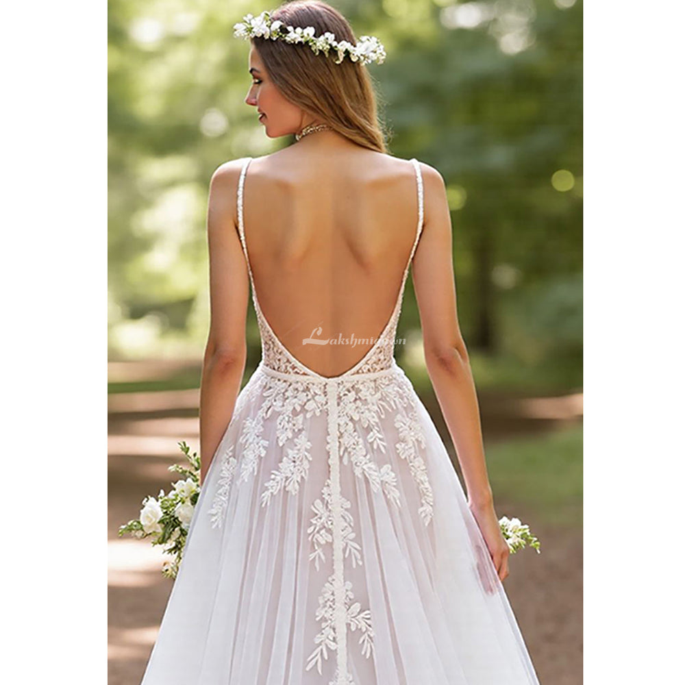 Ivory A Line V Neck Corset Tulle Long Wedding Dress