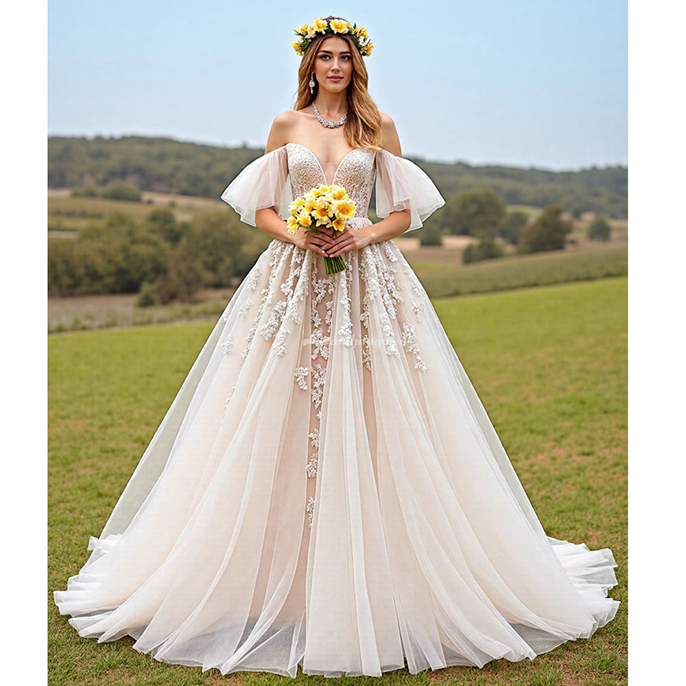 Off The Shoulder Apricot A Line Wedding Dress