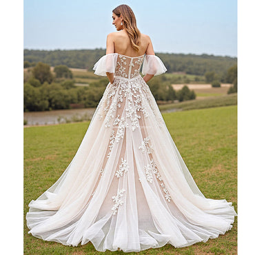 Robe de mariée trapèze abricot à épaules dénudées