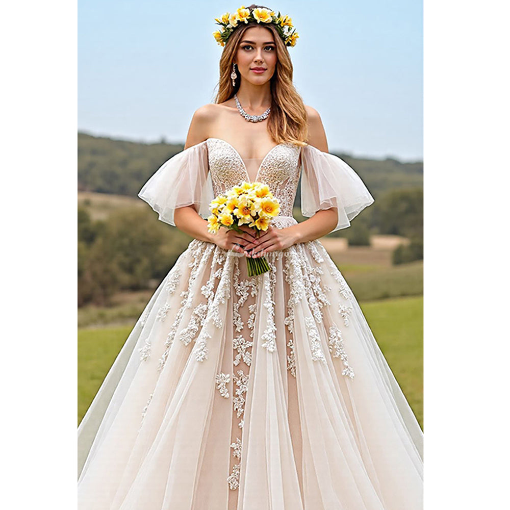 Off The Shoulder Apricot A Line Wedding Dress