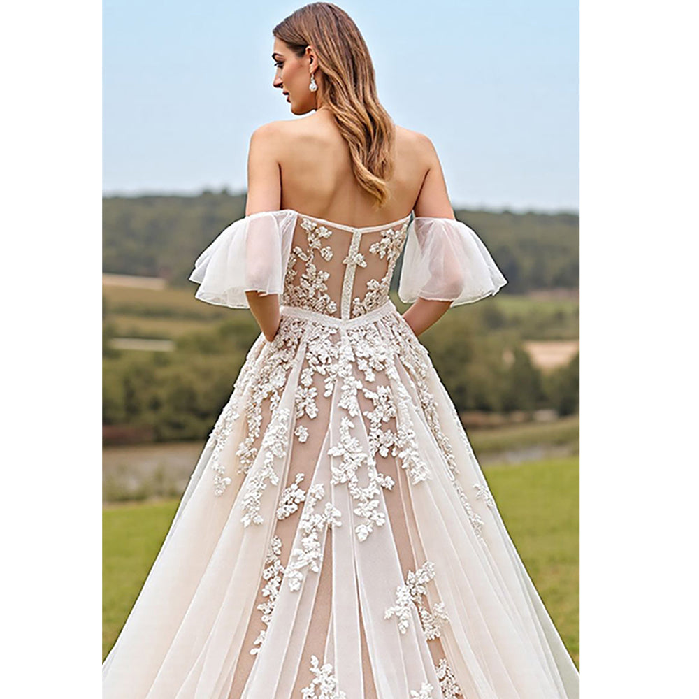Off The Shoulder Apricot A Line Wedding Dress