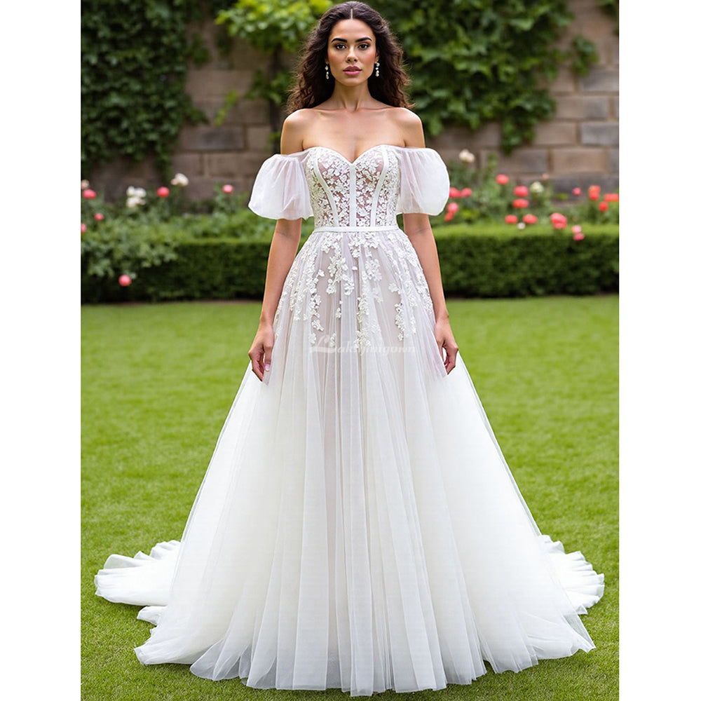 Off The Shoulder Ivory A Line Corset Wedding Dress