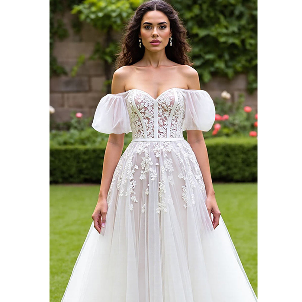 Off The Shoulder Ivory A Line Corset Wedding Dress