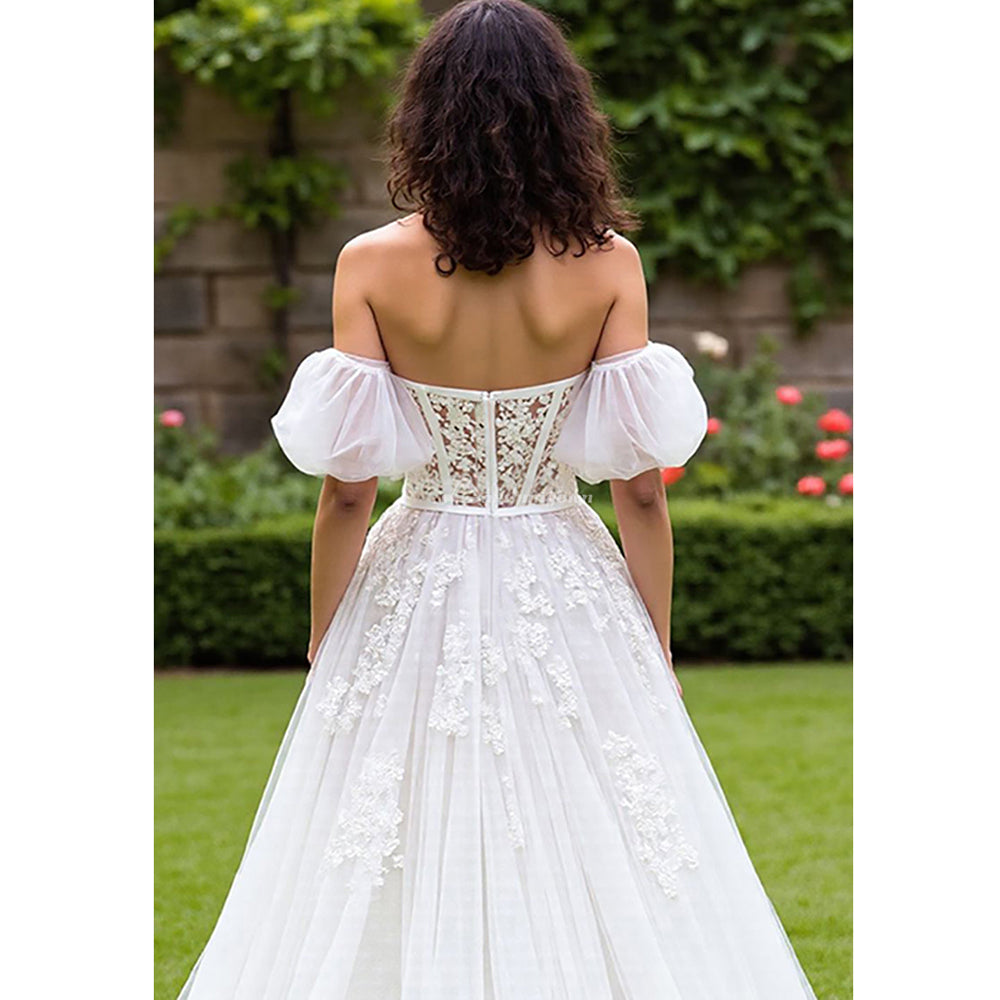 Off The Shoulder Ivory A Line Corset Wedding Dress