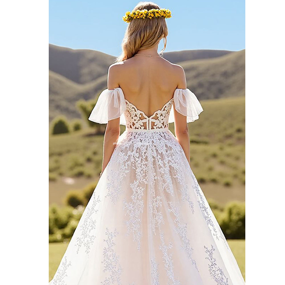 Ruffled Off The Shoulder Ivory A Line Wedding Dress