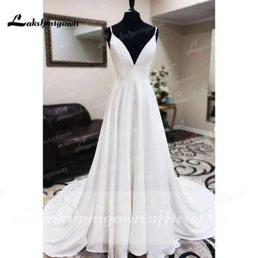 Spaghetti White Crepe Satin A Line Wedding Dress