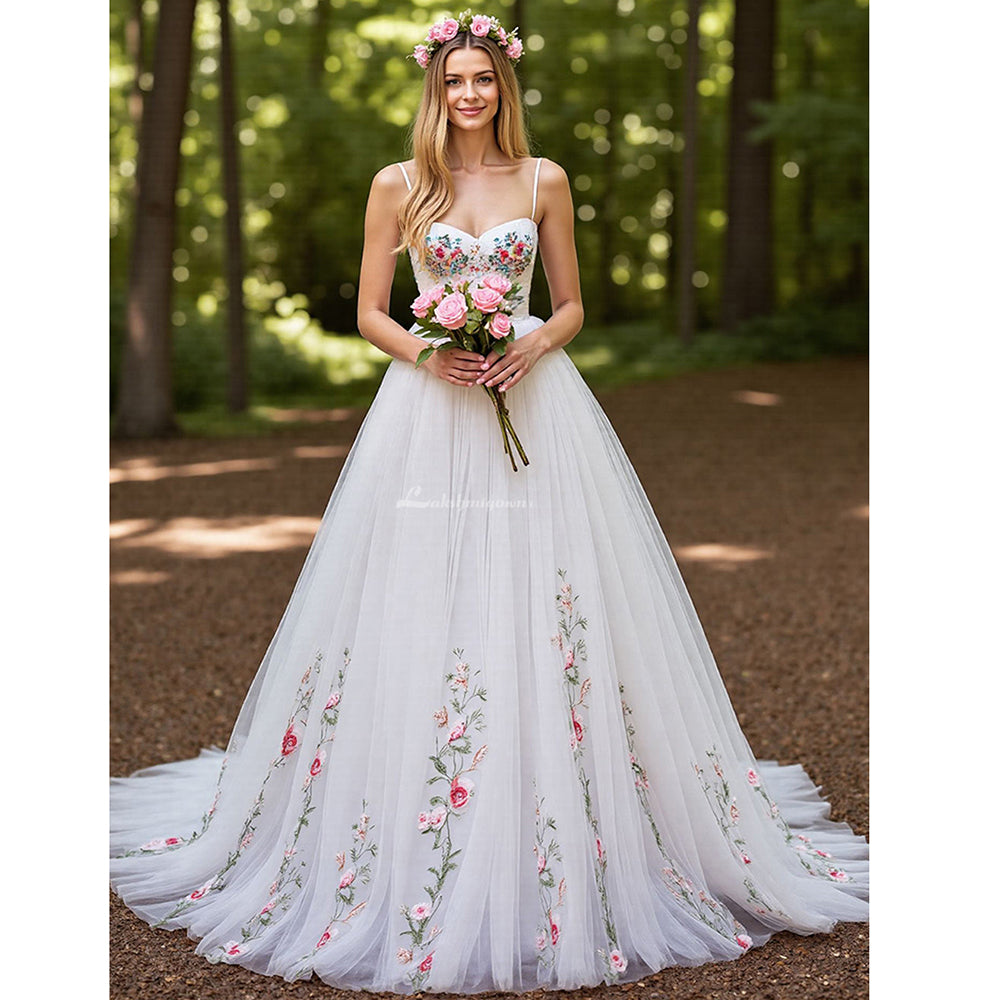 Floral Ivory Embroidery A Line Wedding Dress Country Bridal Gowns