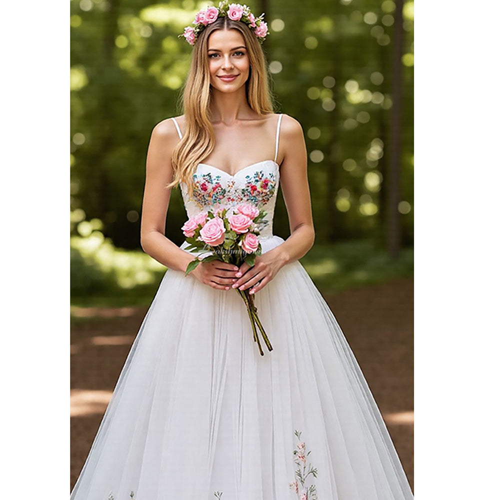 Floral Ivory Embroidery A Line Wedding Dress Country Bridal Gowns