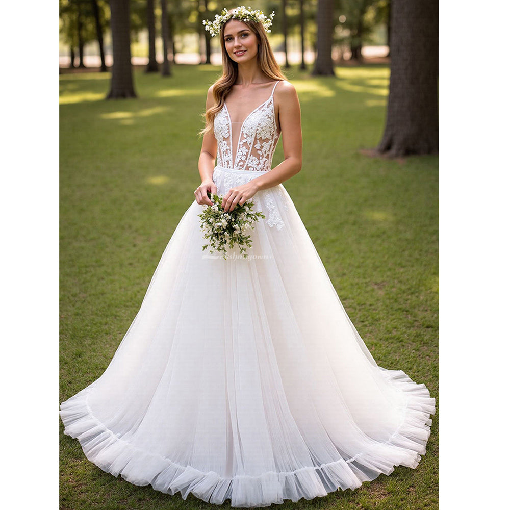 Ruffled A Line Corset Ivory Lace Wedding Dress Spaghetti Straps V Neck Bridal Gowns