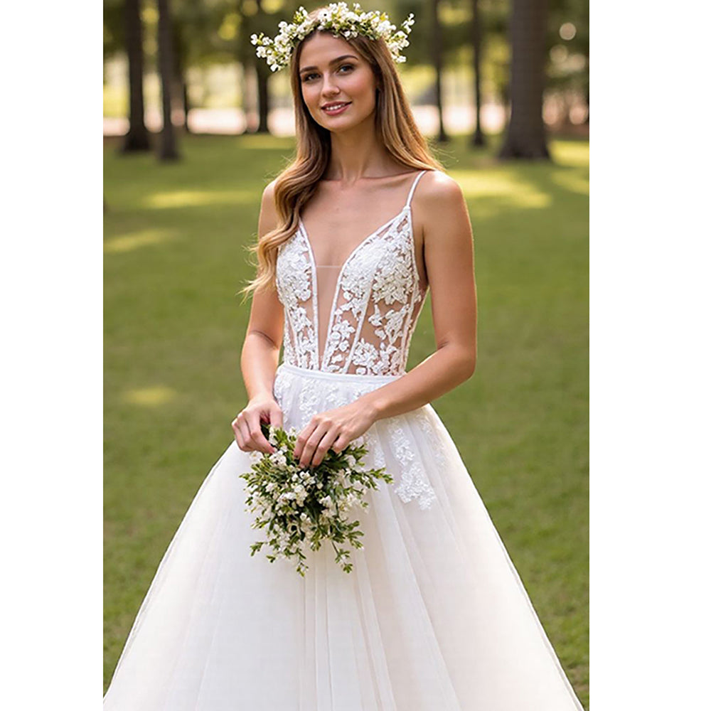 Ruffled A Line Corset Ivory Lace Wedding Dress Spaghetti Straps V Neck Bridal Gowns