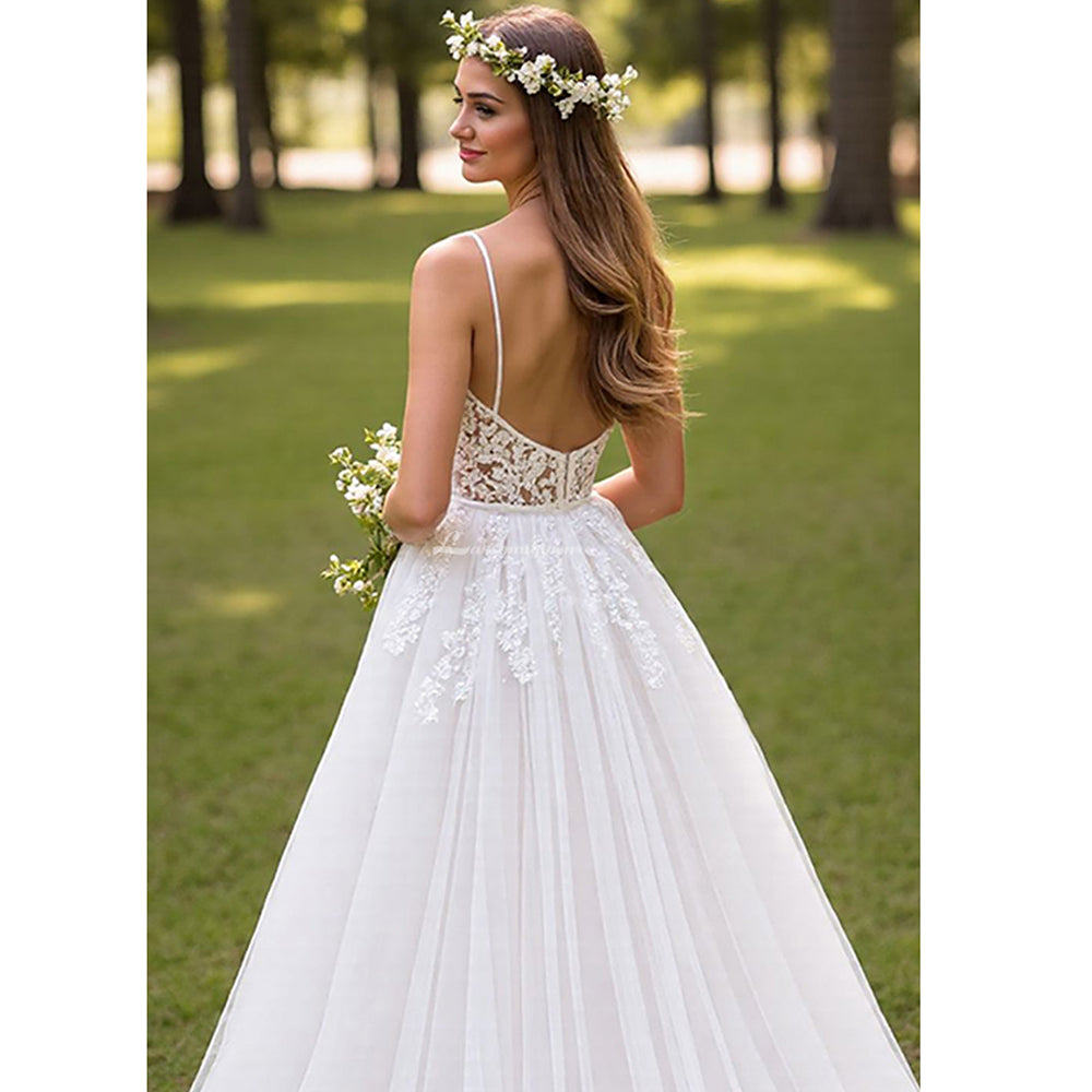 Ruffled A Line Corset Ivory Lace Wedding Dress Spaghetti Straps V Neck Bridal Gowns
