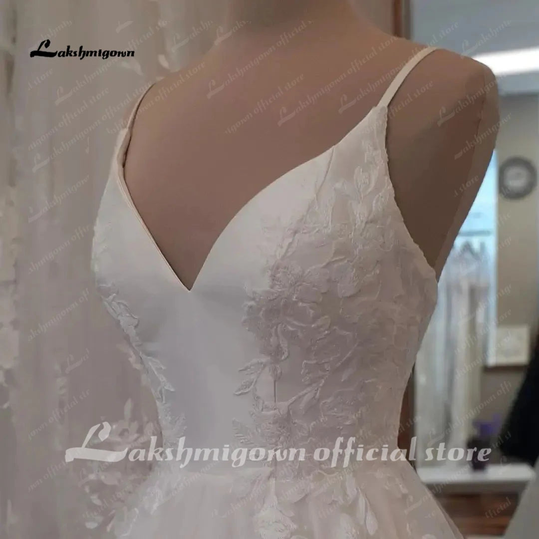 V Neck Lace Boho Sleeveless Wedding Dress