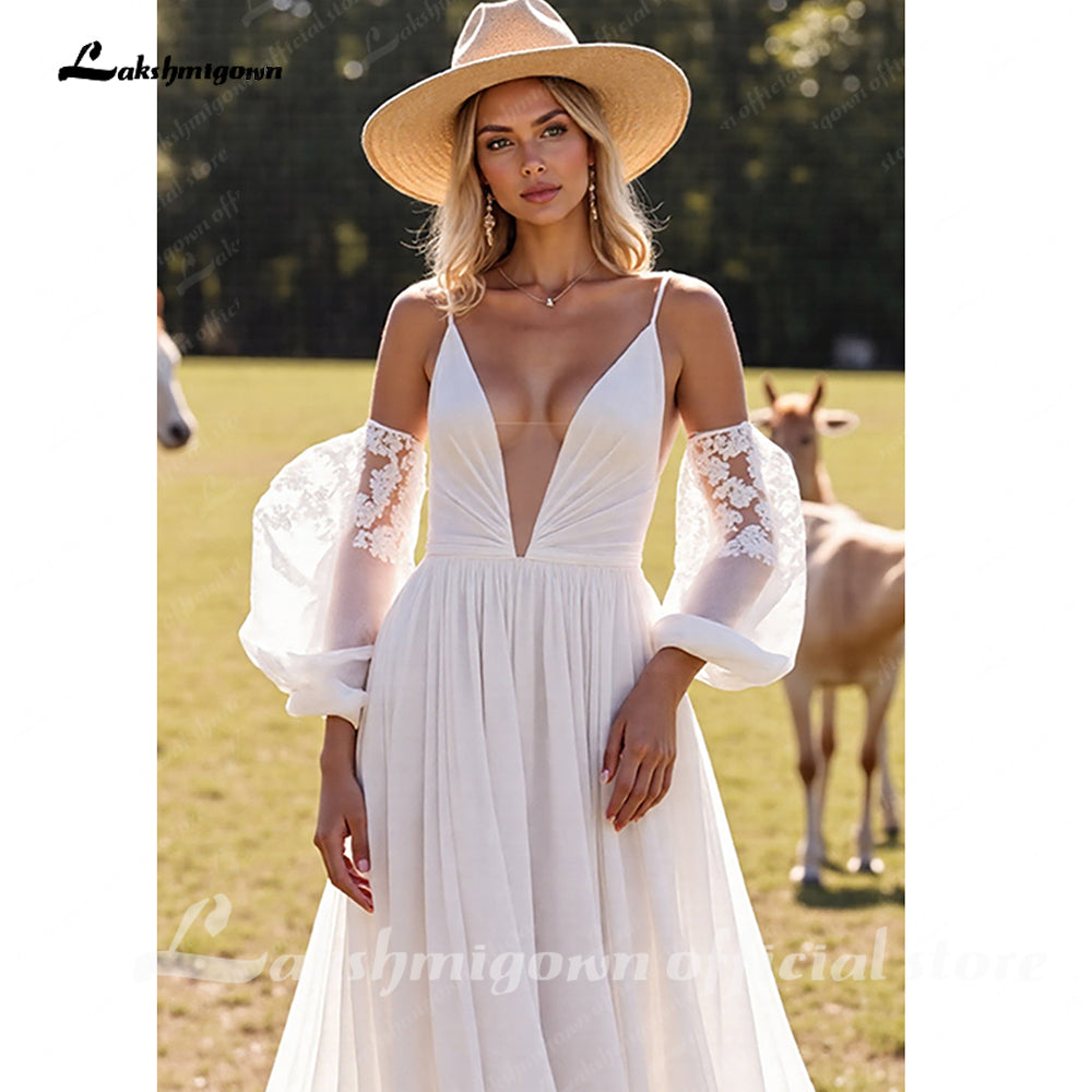 Deep V Neck A Line Chiffon Sweep Train Wedding Dress with Puffy Sleeves