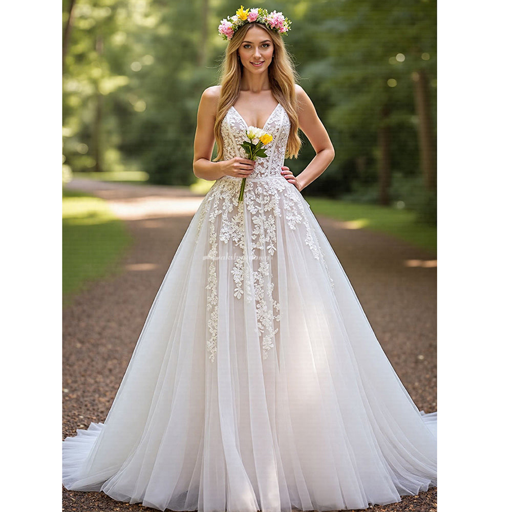 Corset V Neck Ivory A Line Appliqued Wedding Dress Boho Spaghetti Stra – LAKSHMIGOWN