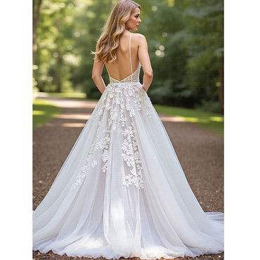 Corset V Neck Ivory A Line Appliqued Wedding Dress Boho Spaghetti Straps Lace Wedding Gown