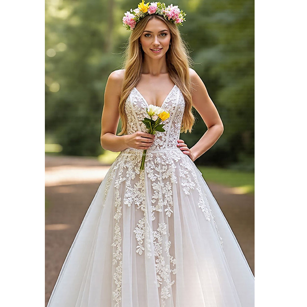 Corset V Neck Ivory A Line Appliqued Wedding Dress Boho Spaghetti Straps Lace Wedding Gown