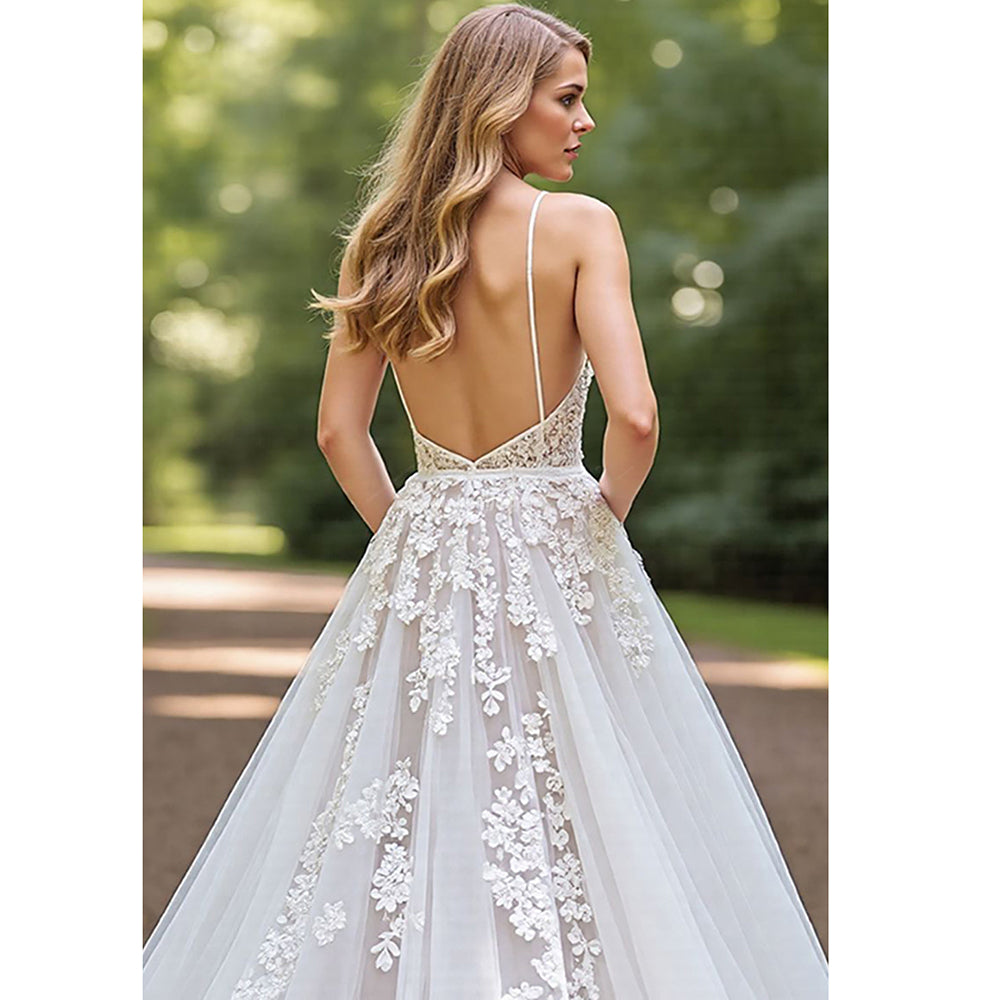 Corset V Neck Ivory A Line Appliqued Wedding Dress Boho Spaghetti Straps Lace Wedding Gown