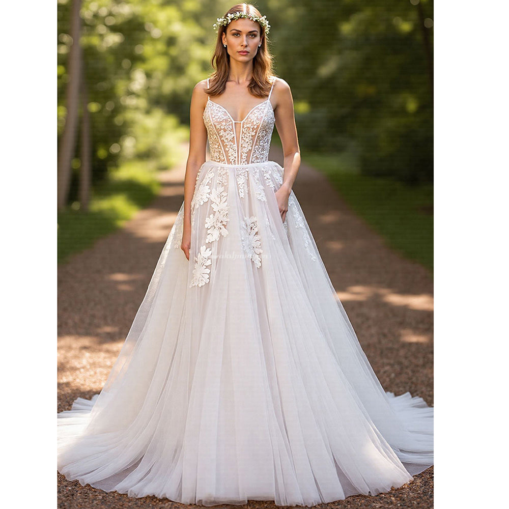 Spaghetti Straps A-line Corset Appliques V-neck Wedding Dress