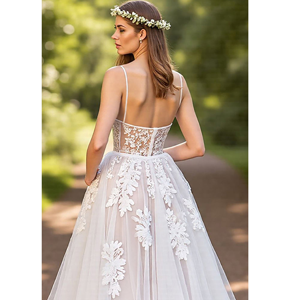 Spaghetti Straps A-line Corset Appliques V-neck Wedding Dress
