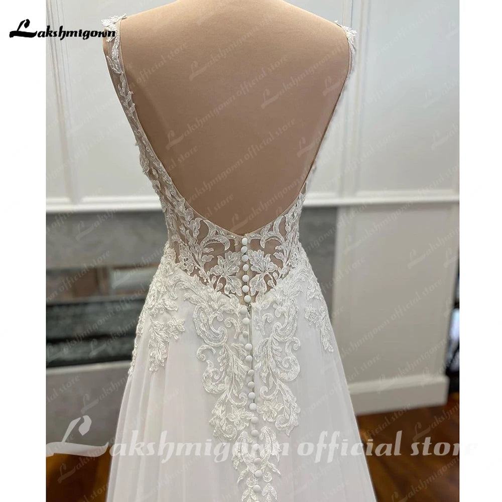 Civil V neck Chiffon Wedding Gowns Open Back Bridal Boho Long Wedding Dresses