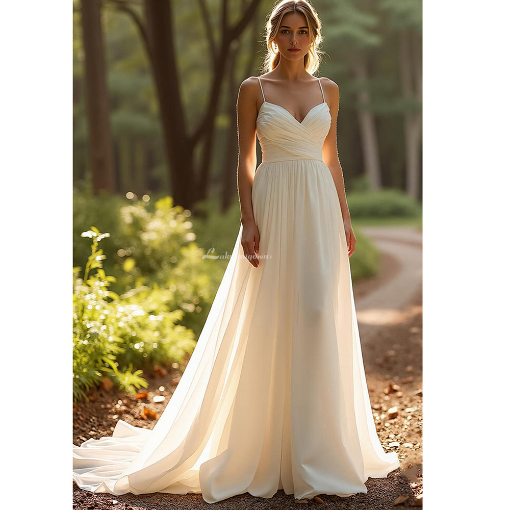Ivory Spaghetti Straps Simple Chiffon A Line Wedding Dress