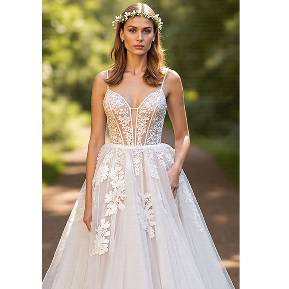 Spaghetti Straps A-line Corset Appliques V-neck Wedding Dress