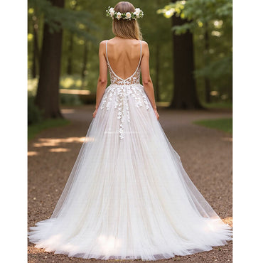 Spaghetti Straps Wedding Dresses Boho Lace Appliques A-Line V-Neck Tulle Bridal Gowns