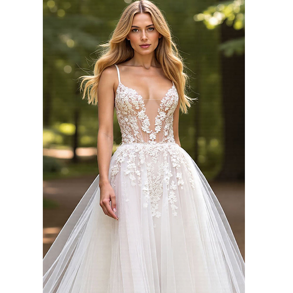 Spaghetti Straps Wedding Dresses Boho Lace Appliques A-Line V-Neck Tulle Bridal Gowns